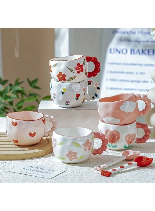 KITCHENOO 1pc Cute Hand-Painted Coffee Cup with Flowers, Underglaze Ceramic Mug and Saucer Set for Daily Use of Coffee or Tea, Irregular Shape Design, Stylish Appearance - Image 1